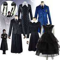 Wednesday Addams Costume for Adult Women Kids Girls Long Sleeve Peter Pan  Collar Black Dress Halloween Night Costume