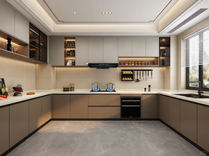 Set di Mobili da Cucina a U Personalizzati con <span class=keywords><strong>Mobile</strong></span> per <span class=keywords><strong>Forno</strong></span> Integrato e Mensole Aperte Illuminate a LED per Organizzazione e Stoccaggio, Armadietti Impermeabili - Product Image 4