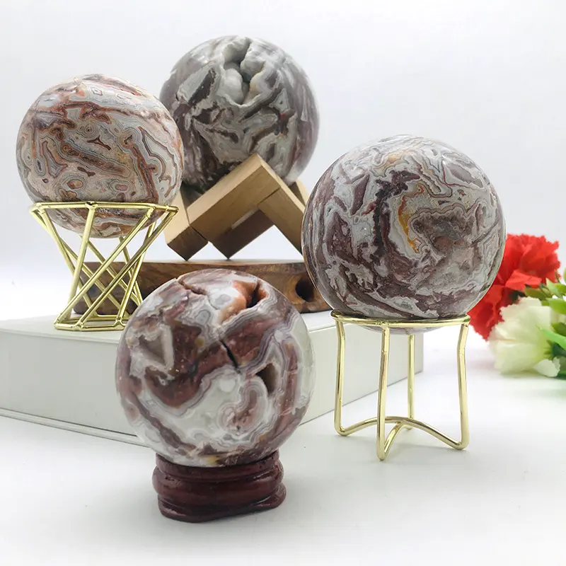 Esfera de ágata de encaje loco de México Natural, piedras curativas, Bola de esfera de ágata druzy para decoración del hogar