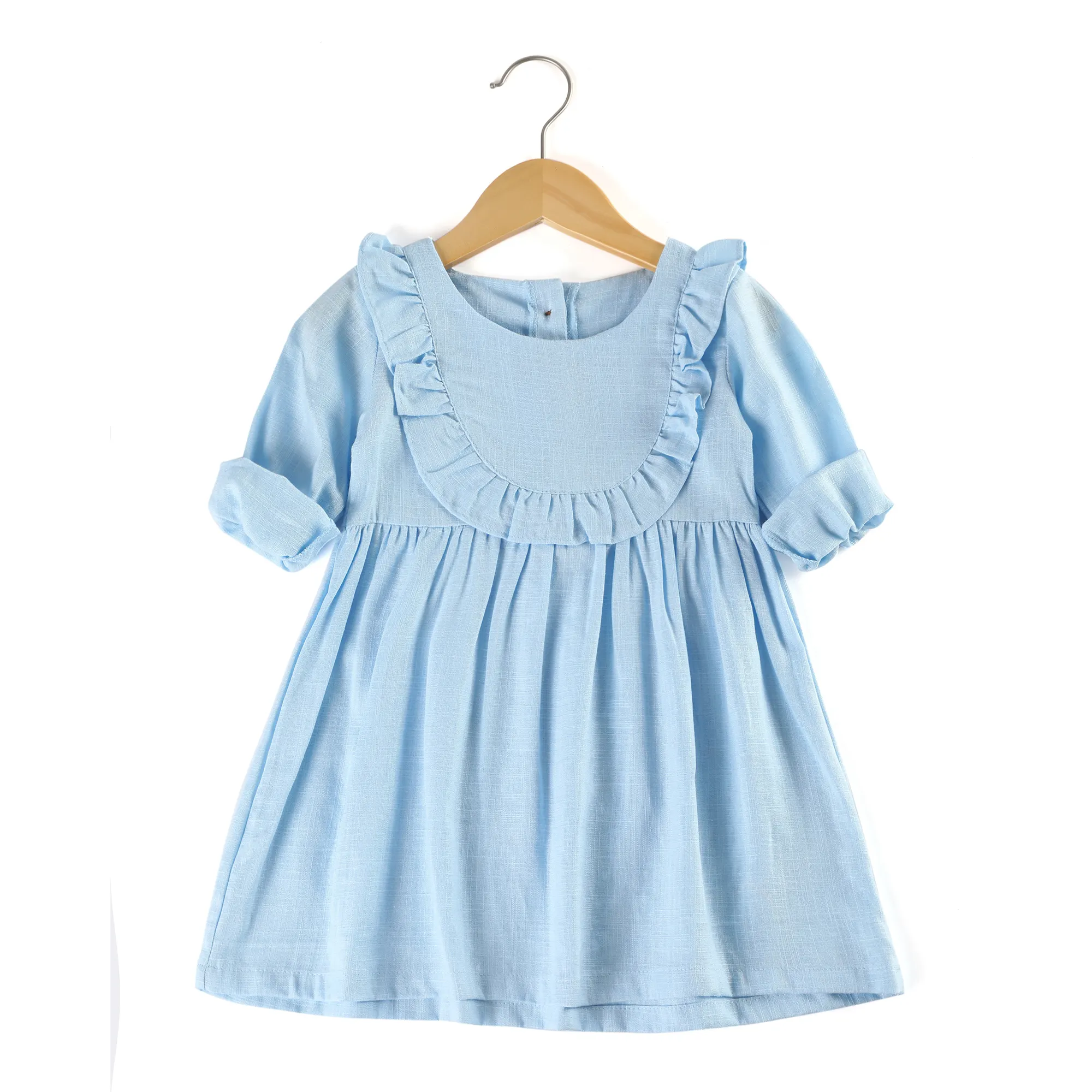 Neuankömmling Herbst Baumwolle Baby Mädchen Kleid Langarm Rüschen O-Ausschnitt leer Monogramm lässig Kinder kleider