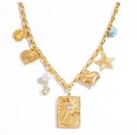 Collier avec pendentif en acier inoxydable pour l'industrie lourde, plaqué or 18 carats, en forme de soleil, avec breloque cœur et perle d'imitation
