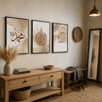 Art mural de calligraphie d'inspiration islamique avec cadre en aluminium noir mat, décoration neutre en 3 parties pour bureau, hall d'entrée, hôtel