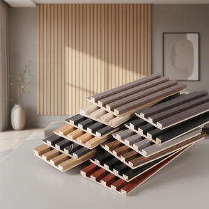 Panneau mural intérieur rainuré moderne personnalisé, imperméable, résistant aux taches de <span class=keywords><strong>bois</strong></span>, pour plafond, grille, décoration d'hôtel et de salle de divertissement - Product Image 1