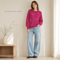 Pull en tricot brodé fuchsia pour femme, col rond, manches longues, fabricant sur mesure
