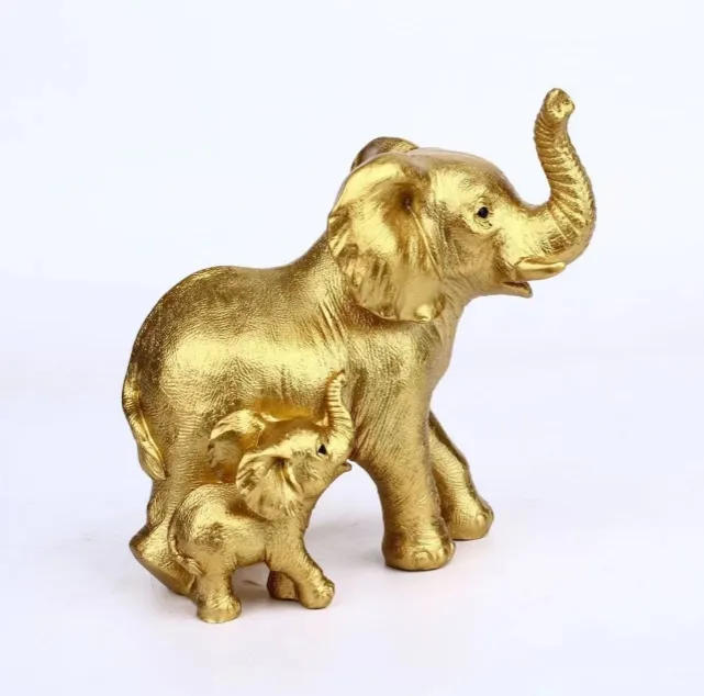 Artifak gajah ibu bayi emas Resin menghias patung