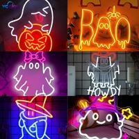 Panneau néon LED Joyeux Halloween avec toile d'araignée et chauve-souris, alimenté par USB, en acrylique, pour décoration murale de fêtes et bars à domicile