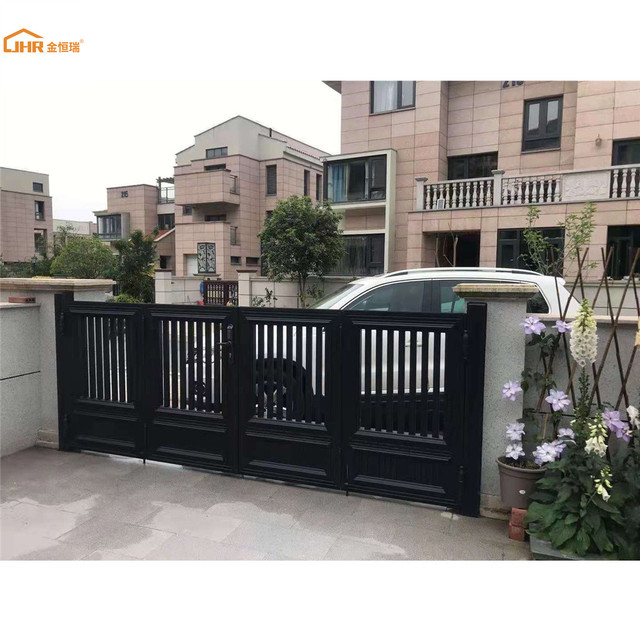 JHR Automatic Sliding Folding Gate Wheel Exterior House Bi-fold Gate Aluminium Bi Folding Trackless Outdoor Gate Door Design