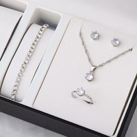 RINHOO - Juego de Joyería de Moda al por Mayor, Romántico, con Circonitas, Geométrico, Aretes, Collar, Anillo y Pulsera, Juego de Cuatro Piezas, Regalo para Mujer