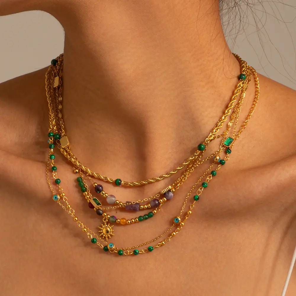 Turquoise Agate Zircon Malachite Natural Stone Bead Collarbone Chain Women Jewelry 18K Gold PVD Plated Stainless Steel Necklace