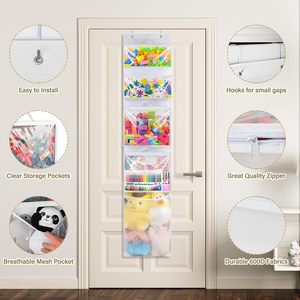 <b>Hanging</b> Toy <b>Storage</b> Bag With 5 Pockets For Kids Room Organizing Behind Door <b>Wall</b> Mount PVC Plastic Organizer For Stuffed Plush - Product Image 3