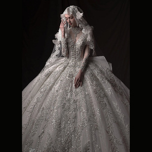 Abito <span class=keywords><strong>da</strong></span> sposa a collo alto a maniche lunghe francese pesante industria di lusso su misura abito <span class=keywords><strong>da</strong></span> sposa a tema nuziale - Product Image 6