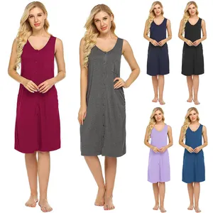 Comfortable Lounge Wear V Neck Sleeveless Solid Color Button Up Pajama Night Dress