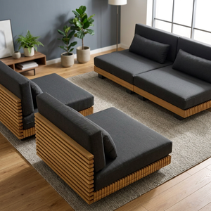 Ensemble de canapés de jardin modulaires d'extérieur avec coussins, structure en bois, mobilier de salon de patio pour hôtel et villa - Product Image 2