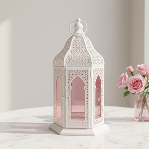 Manufacturers Popular White Metal Moroccan <b>Candle</b> <b>Lantern</b> with Rose Gold Glass for Ramadan and Weddings - Product Image 6