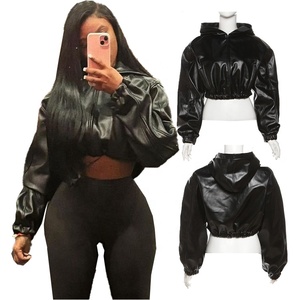 Z0058 - Nouveautés 2024 - Veste en cuir PU personnalisée pour l'automne - Veste courte à capuche noire pour femmes - Product Image 1