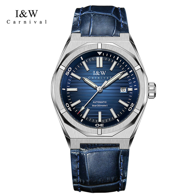 I&W CARNIVAL Luxury Automatic Diver Mechanical Watch for Men 42mm Stainless Steel Cow Leather Band Business Fashion