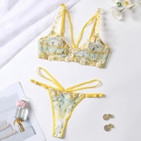 Ensemble soutien-gorge et culotte 2 pièces en maille transparente à fleurs jaunes pour femmes, de haute qualité, fourni par l'usine, écologique, contrôle de la lumière, armatures push-up
