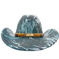 Chapeaux de cowboy personnalisés en gros à imprimé serpent avec plumes dorées, style bohème, pour fêtes champêtres, pour adultes