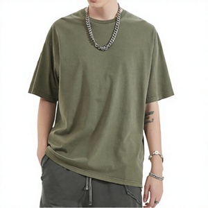 Camiseta de algodón de manga corta con cuello redondo de color liso para hombre, estilo casual, holgada, de punto, teñida lisa - Product Image 3