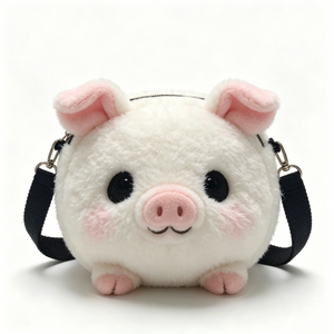 Customized Cute round <b>white</b> pig plush crossbody <b>bag</b> with pink snout,Soft <b>fluffy</b> pig shaped plush shoulder purse - Product Image 1
