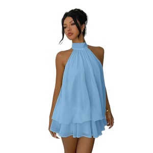 Wholesale Women's <strong>Sexy</strong> Summer Solid Color Ruffle Ladies Halter Backless Dresses Slim-fit Lace-up Waist Tight Top <strong>Short</strong> <strong>Skirt</strong> - Product Image 5