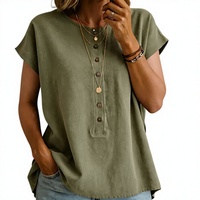 T-shirt à manches courtes pour femme, couleur unie, avec boutons décoratifs, style formel, logo personnalisé, printemps/été