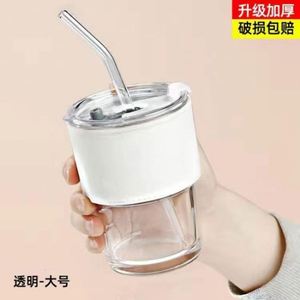 400ml <b>Bamboo</b>-Styled Eco-Friendly CE Certified Coffee Milk Gift Cup Leather Sleeve Heat Insulation Glass <b>Straw</b> Custom Accessories - Product Image 6