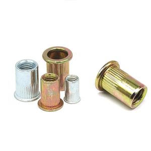Tuerca de remache Cabeza plana grande Cuerpo moleteado redondo Tuerca de inserción Venta caliente Imperial Tamaño en pulgadas Acero al carbono Amarillo o azul Galvanizado - Product Image 1