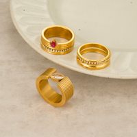 Cincin Gelombang 3 Gaya Baru Boho Row Pink Zircon Stripe Beauty Dazan Lapisan Emas 18k PVD Baja Anti Karat Anti Kusam Perhiasan Wanita