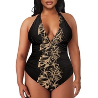Maillot de bain une pièce pour femme, grande taille, à nouer au cou, imprimé tropical doré, décolleté plongeant en V, effet ventre plat, coupe haute, avec logo frontal, pour piscine et plage