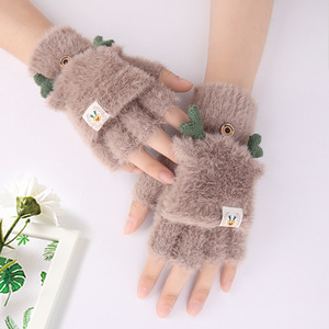 Women's Winter Plush Flip-Top Fingerless <b>Gloves</b> With Deer Antlers <b>Warm</b> Thick Cartoon Design For Cycling And Daily Use - Product Image 2