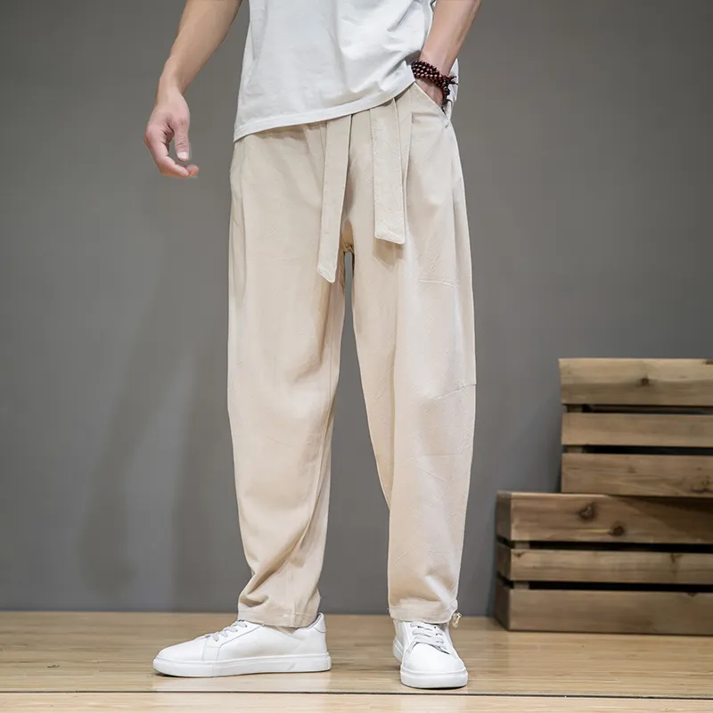 Pantalones bombachos informales de lino y algodón para hombre, pantalón holgado de estilo chino, para correr, para verano, 2022