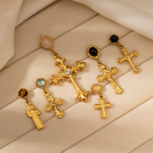 Luxury Stainless Steel Cross Drop Earrings for Women Retro Natural Stone Inlaid Stud Earrings Opal Fashion <strong>High</strong>-<strong>End</strong> <strong>Jewelry</strong> - Product Image 2