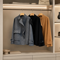 Manteau en laine double face court pour femme, col montant, revers irrégulier, gris, noir, camel, plusieurs coloris disponibles