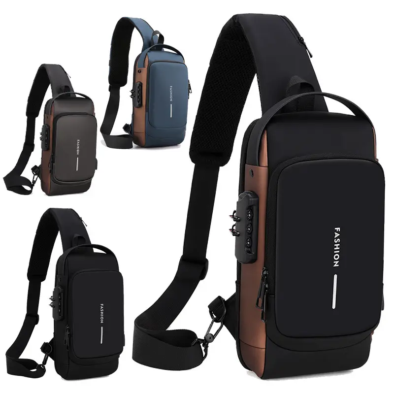 Multifunction Patent Leather Chest Bag Waterproof Men Crossbody Bag Anti-theft Travel Male USB Charging Chest Bags Pack