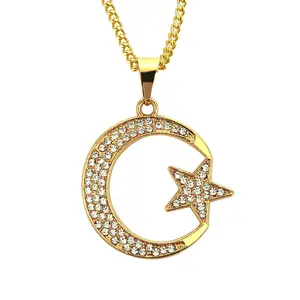 Wholesale Breathtaking and Sparkling Hip Hop Necklace Embedded with Shining Diamonds and Trendy Alloy Moon and Stars Charm