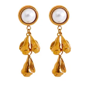 JINYOU 2492 Vintage in acciaio inox metallo fiore goccia orecchini pendenti imitazione perla temperamento fascino elegante gioielli dorati