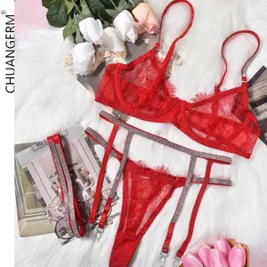CHUANGERM 2024 New Arrival Lingerie For Women Eyelashes Lace See-Through Rhinestone Garters Belt 4 PCS Sexy Shemale Lingerie