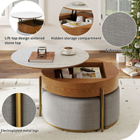 Ensemble de tables basses gigognes en marbre, style moderne, salon, table ronde avec plateau relevable, rangement central, avec 3 tabourets ottoman en tissu