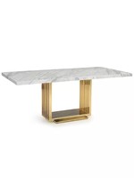 Table à manger moderne en pierre crème avec base rectangulaire en acier inoxydable doré pour hôtel, appartement, maison