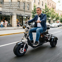 Scooter électrique Citycoco HT5 2000W à 3 roues, pneus larges, batterie lithium 60V 12Ah, étanche, 45 km/h, démarrage à une touche, 150 kg, double