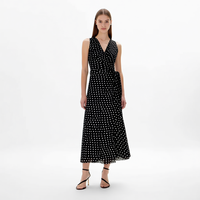 Robe mi-longue décontractée noire à pois pour femme avec logo personnalisé, sans manches, col en V, taille nouée, idéale pour l'été