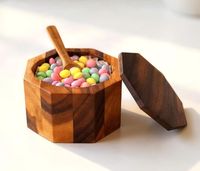 Boîte à sel octogonale en bois d'acacia faite à la main avec 2 compartiments, couvercle et cuillère pour la cuisine, la table à manger, la cuisson, cadeau