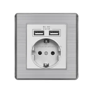 German French Wall Socket With USB Aluminum Wire Drawing Universal Sockets For Home Wall Silver