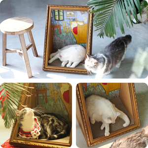 Cat Living in Famous Painting – Double-Sided Oil Painting Cat House with Scratcher Vintage Art Picture <b>Frame</b> Cardboard House - Product Image 4