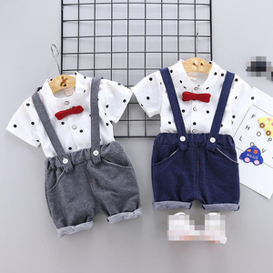 幼儿领结夏季服装套装婴儿服装套装圆点衬衫背带裤短裤男童绅士套装儿童服装套装 - Product Image 1
