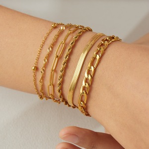Multi Chain <b>Bracelet</b> <b>Set</b> Gold Plated Stainless Steel Minimalist Punk Style Unisex Jewelry - Product Image 1