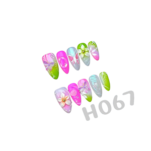 Lot de 10 faux ongles de luxe faits main, en amande, avec fleurs 3D, perles acryliques, personnalisables, à presser, couvrance totale, tendance - Product Image 3