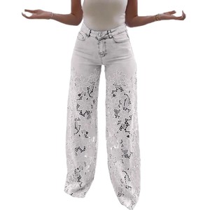 Jeans de Mujer con Cintura Alta y Pierna Ancha, con Encaje Calado, Estilo Europeo Americano, para Comercio Exterior Transfronterizo TK - Product Image 5