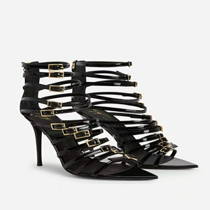 Summer Gold Belt Buckles Sandals High Heels Cut Out Straps Patent Ankle Boots Women's <b>Pointed</b> Toe Short Boots - Product Image 5